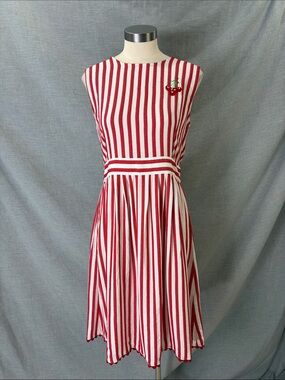 Vintage Red and White Striped Sleeveless Midi Dress with Cherry Accent XL